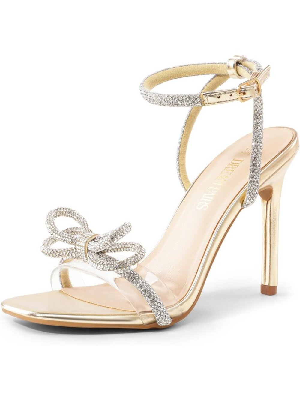 Women's Gold Pu Double Bowknots Crystal Clear Slingback Square Toe Wedding Heels